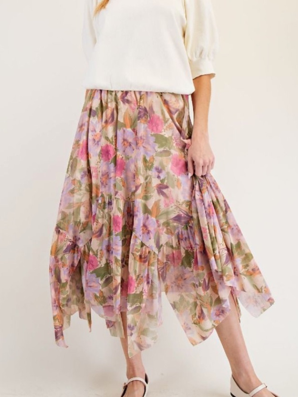 B116 Easel Mesh Asymmetrical Soft  Floral Elastic Waist Boho Ballet MIDI Skirt
